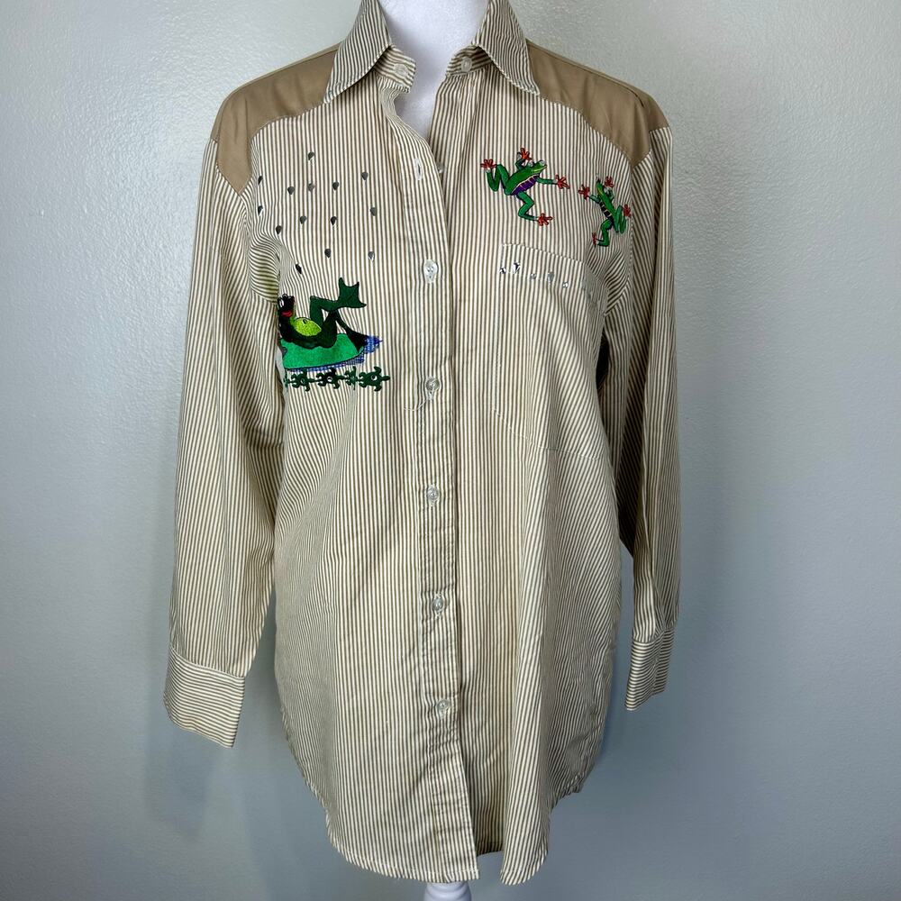 Vintage Embroidered Shirt Frog Womens Small Striped Button Up Top 90s